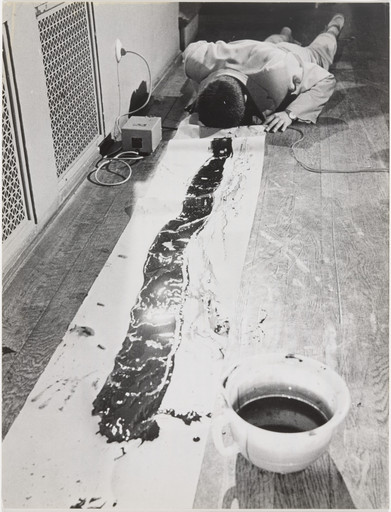 La Monte Young with Nam June Paik. La Monte Young's Composition 1960 #10 (to Bob Morris) performed by Nam June Paik during Fluxus Internationale Festspiele Neuester Musik, Städtisches Museum, Wiesbaden, September 1–23, 1962. 1962