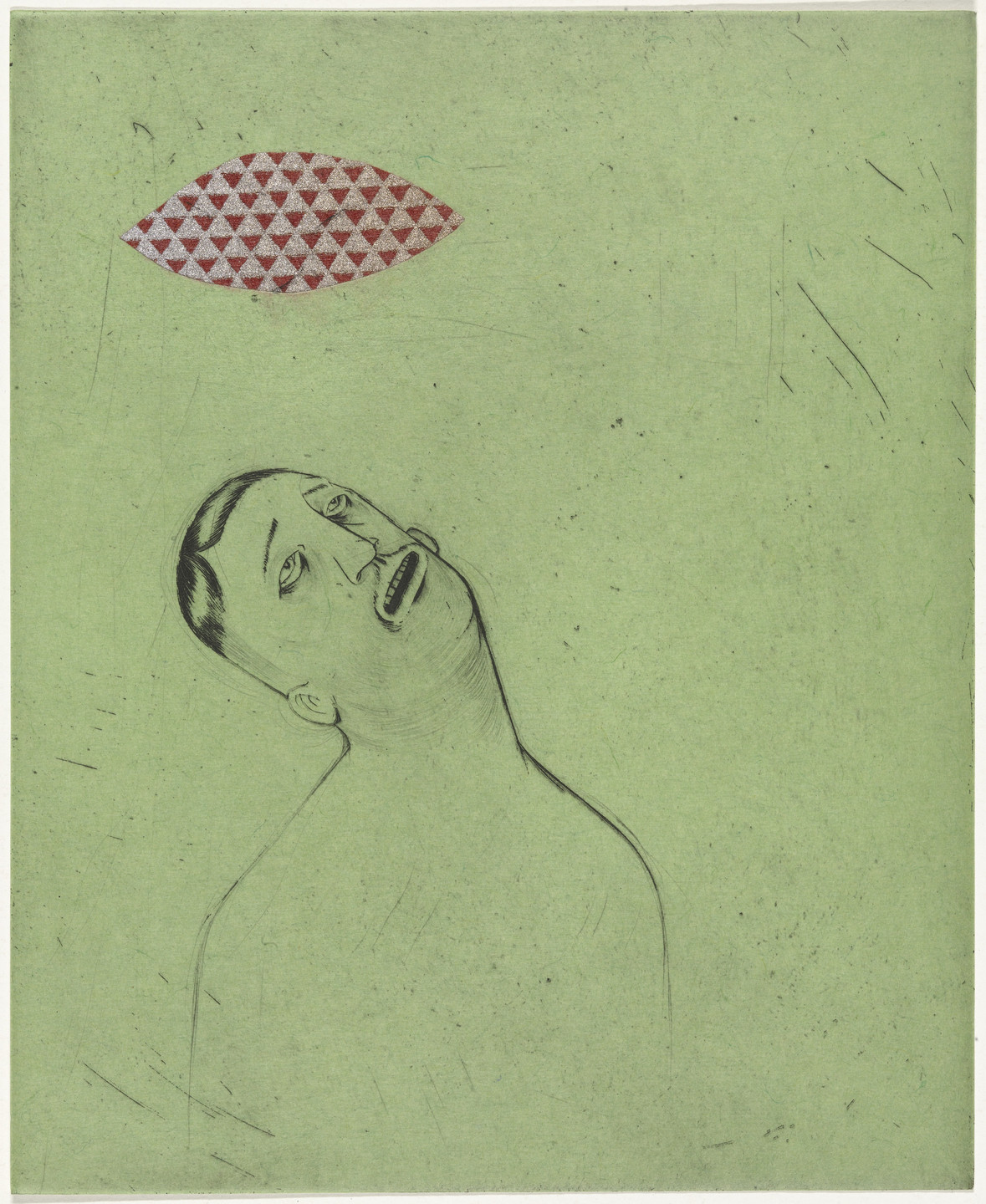 A person with a neutral expression looks upward against a pale green background. Above their head is a red, eye-shaped object with a triangular pattern. This is an AI generated description. To give feedback, email ai@moma.org.