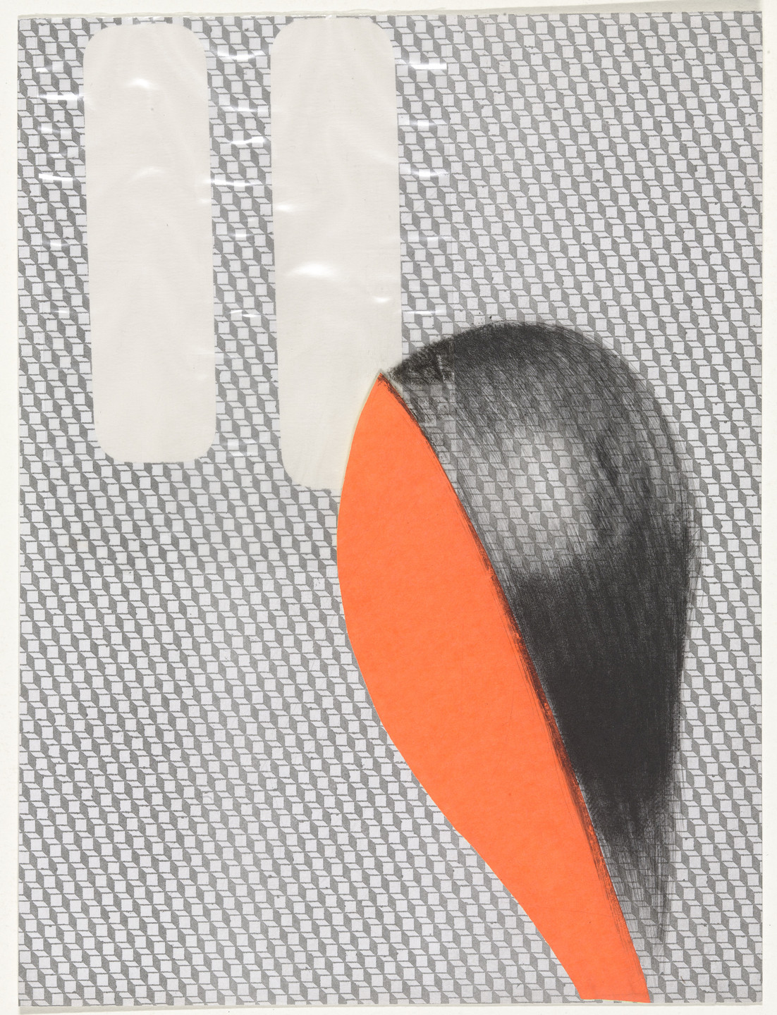 The image features a pattern of small grey and white geometric shapes as the background. In the foreground, there is a rounded black shape partially covered by an orange curved shape. This is an AI generated description. To give feedback, email ai@moma.org.