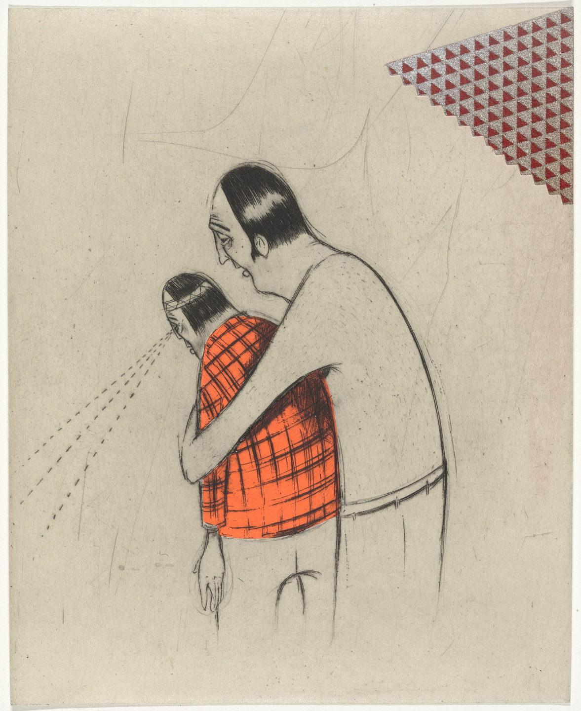 A figure in a beige shirt embraces another figure in a red checkered shirt, whose head emits dashed lines forward. The background is mostly light gray with small red triangles in the upper right corner. This is an AI generated description. To give feedback, email ai@moma.org.