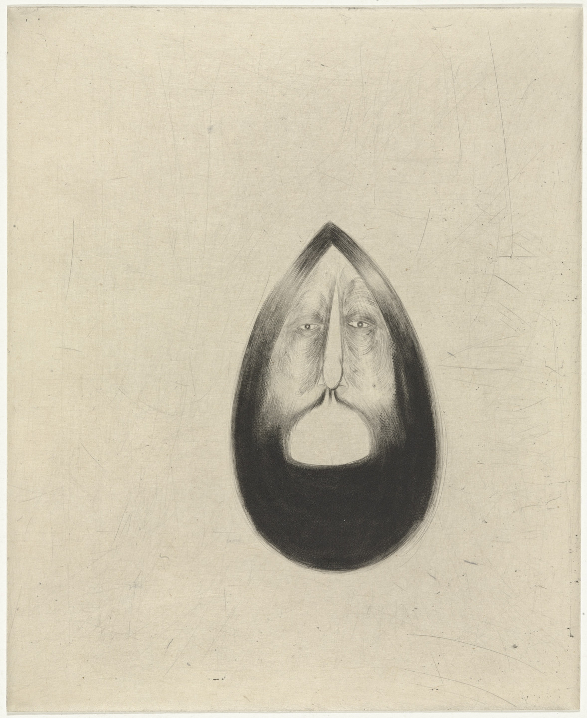 A drawing features a face with a long, downward beard, pointy at the top. The background is beige, and the face has black and gray shading. This is an AI generated description. To give feedback, email ai@moma.org.