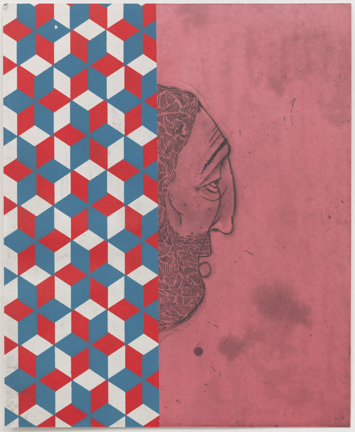 The image shows a pink background with a detailed, side-profile drawing of a person's face on the right. The left side is filled with a geometric pattern of interlocking blue, red, and white shapes. This is an AI generated description. To give feedback, email ai@moma.org.