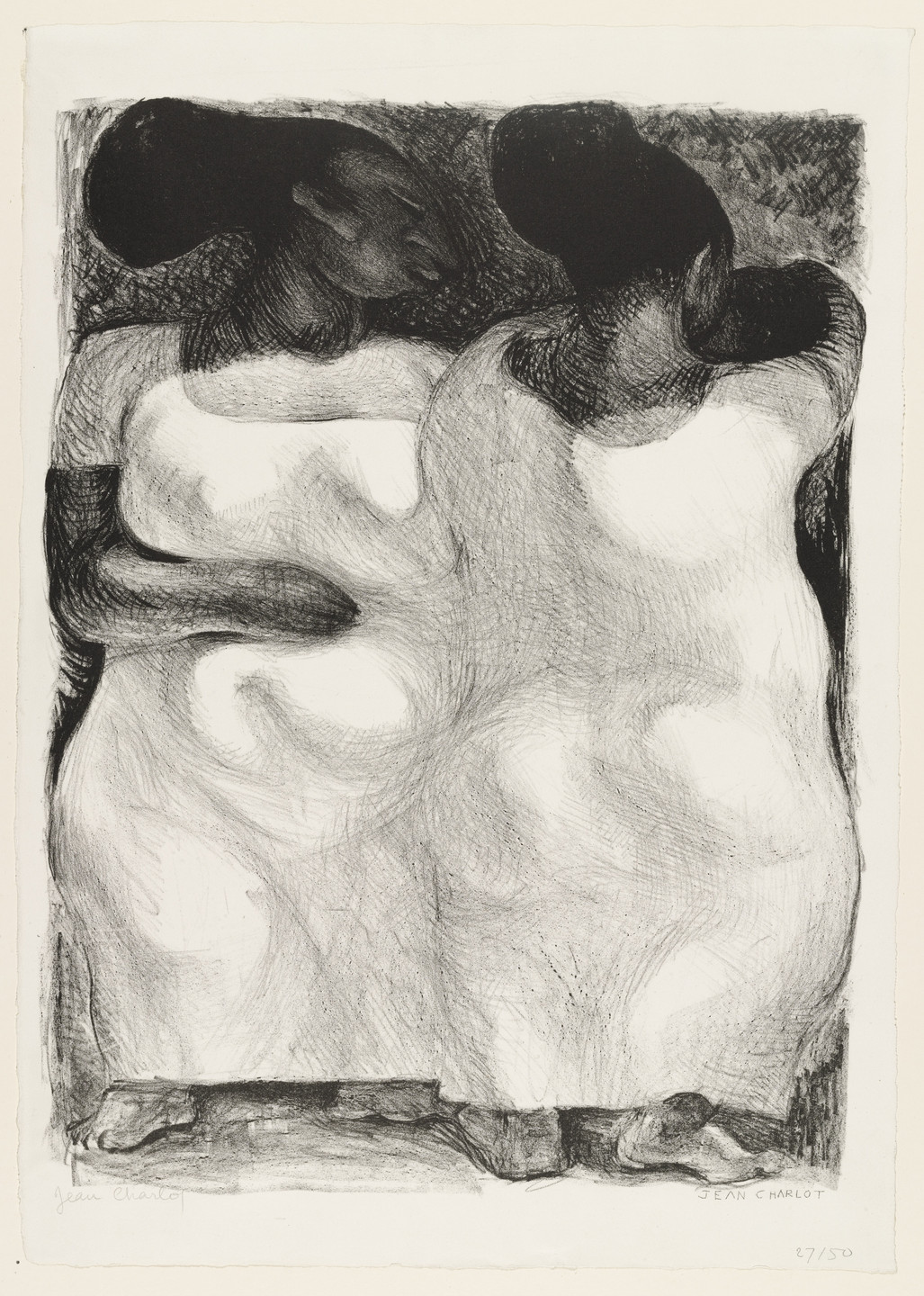 The image features two figures standing close together, drawn in black ink with roughly textured lines. Light gray and white areas accentuate the figures&#39; clothing and background. This is an AI generated description. To give feedback, email ai@moma.org.