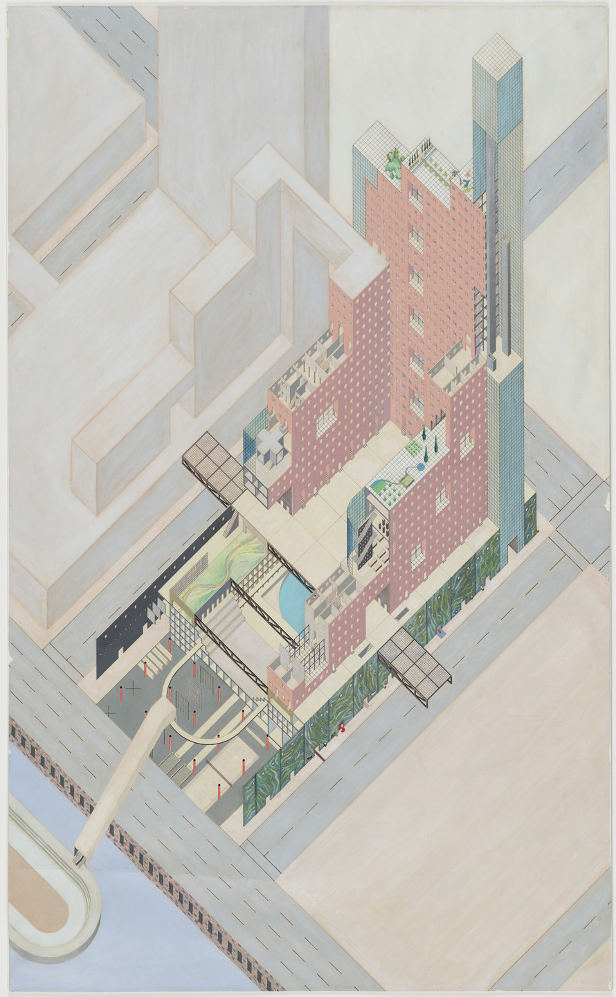 Rem Koolhaas, Zoe Zenghelis, Elia Zenghelis, Madelon Vriesendorp. Egg of Columbus Circle project, New York, New York (Axonometric). 1975