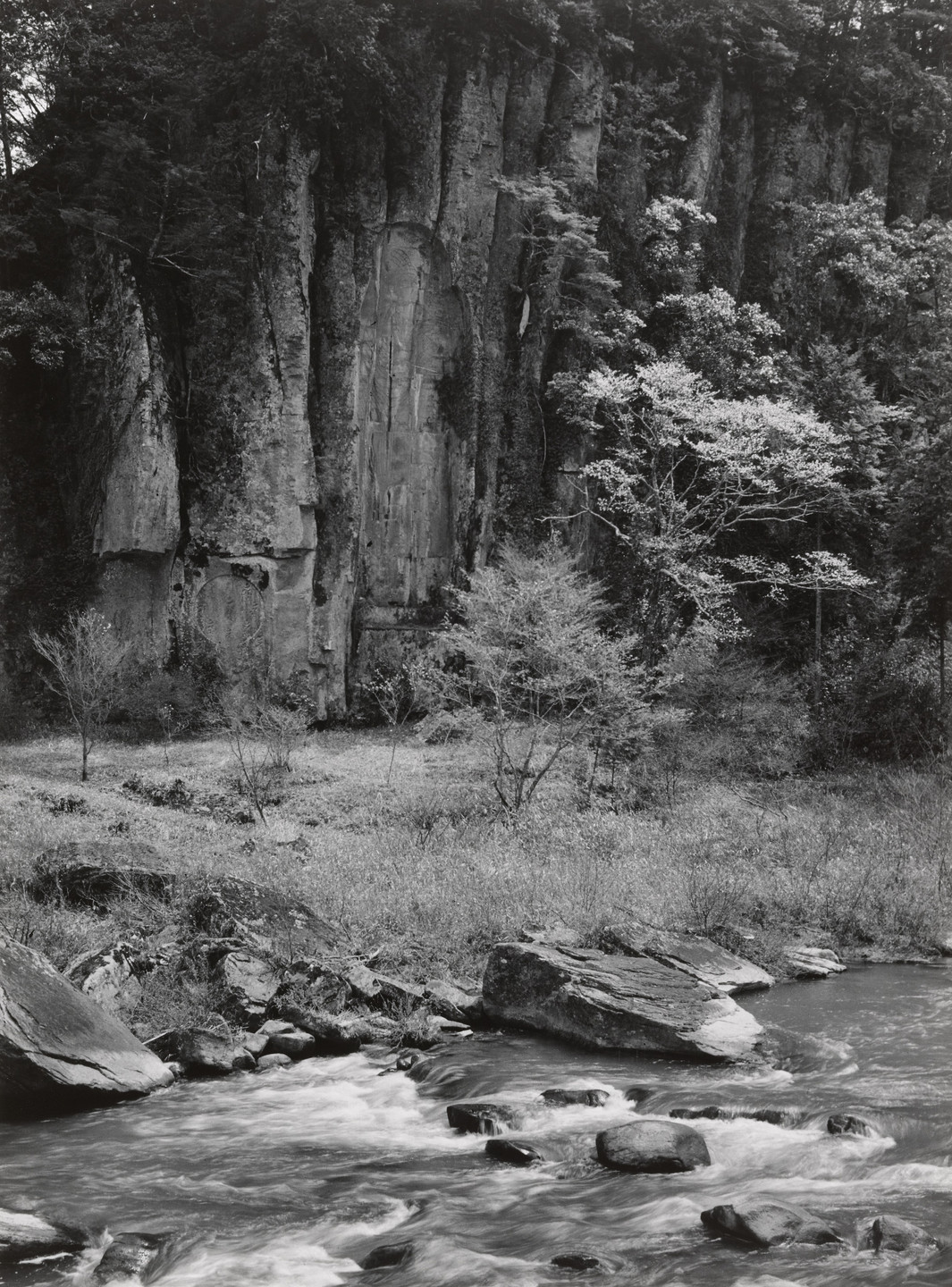 Ken Domon. The Muro River with the Figure of Miroku Carved in the Cliff (Spring). 1940-54