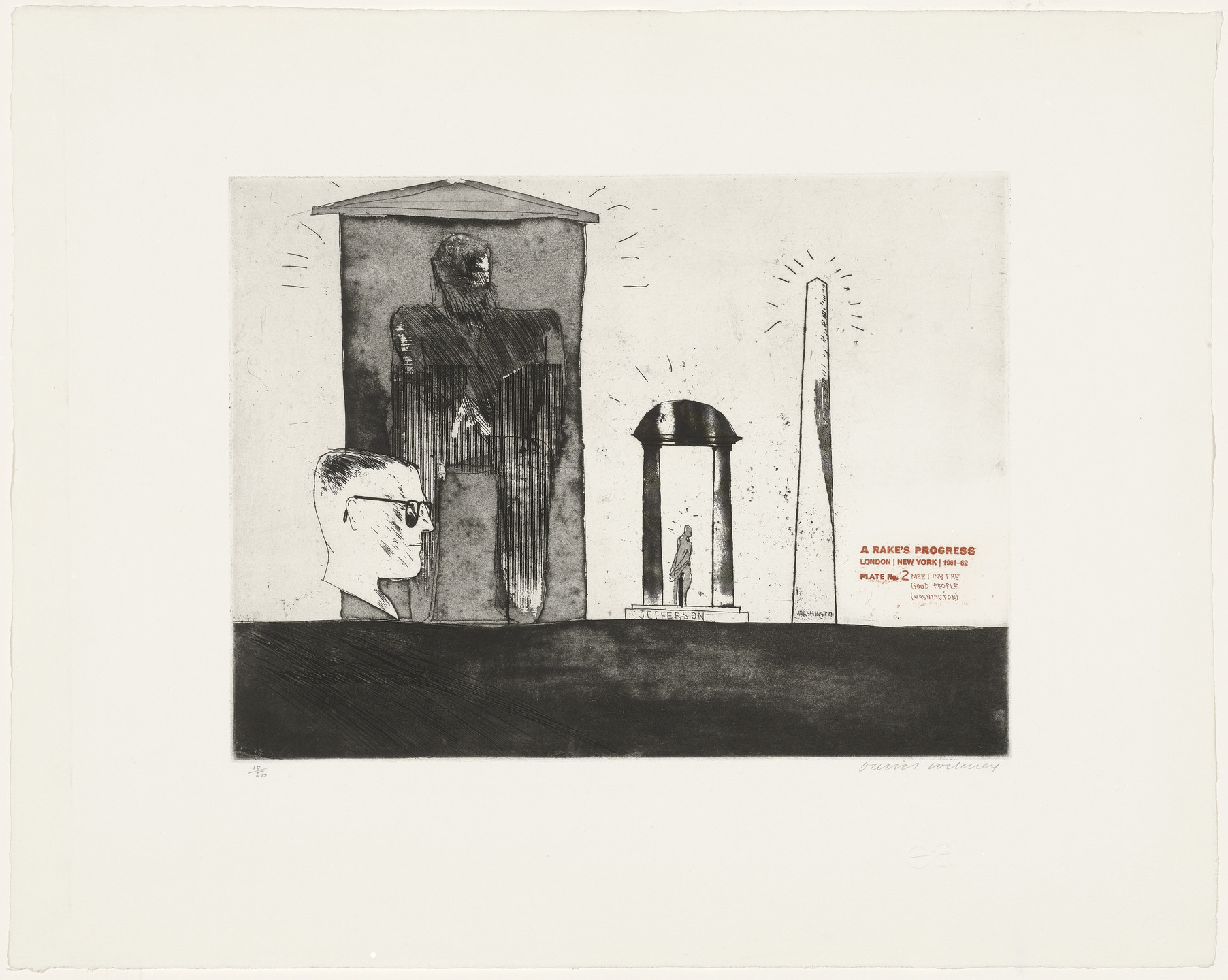 David Hockney. Meeting the Good People (Washington) (plate 2) from A Rake&#39;s Progress. 1961–62, published 1963