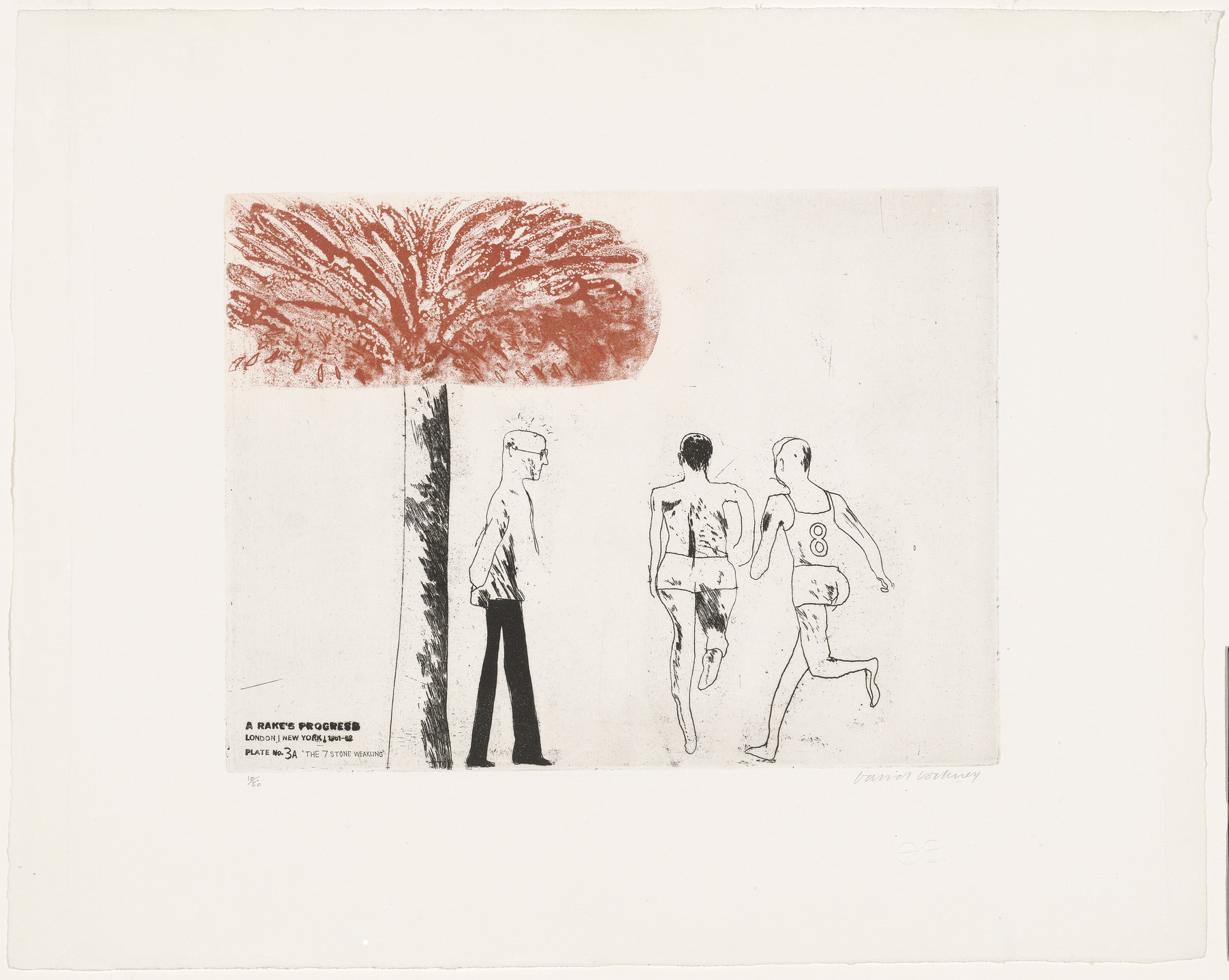 David Hockney. The Seven Stone Weakling (plate 3a) from A Rake&#39;s Progress. 1961–62, published 1963