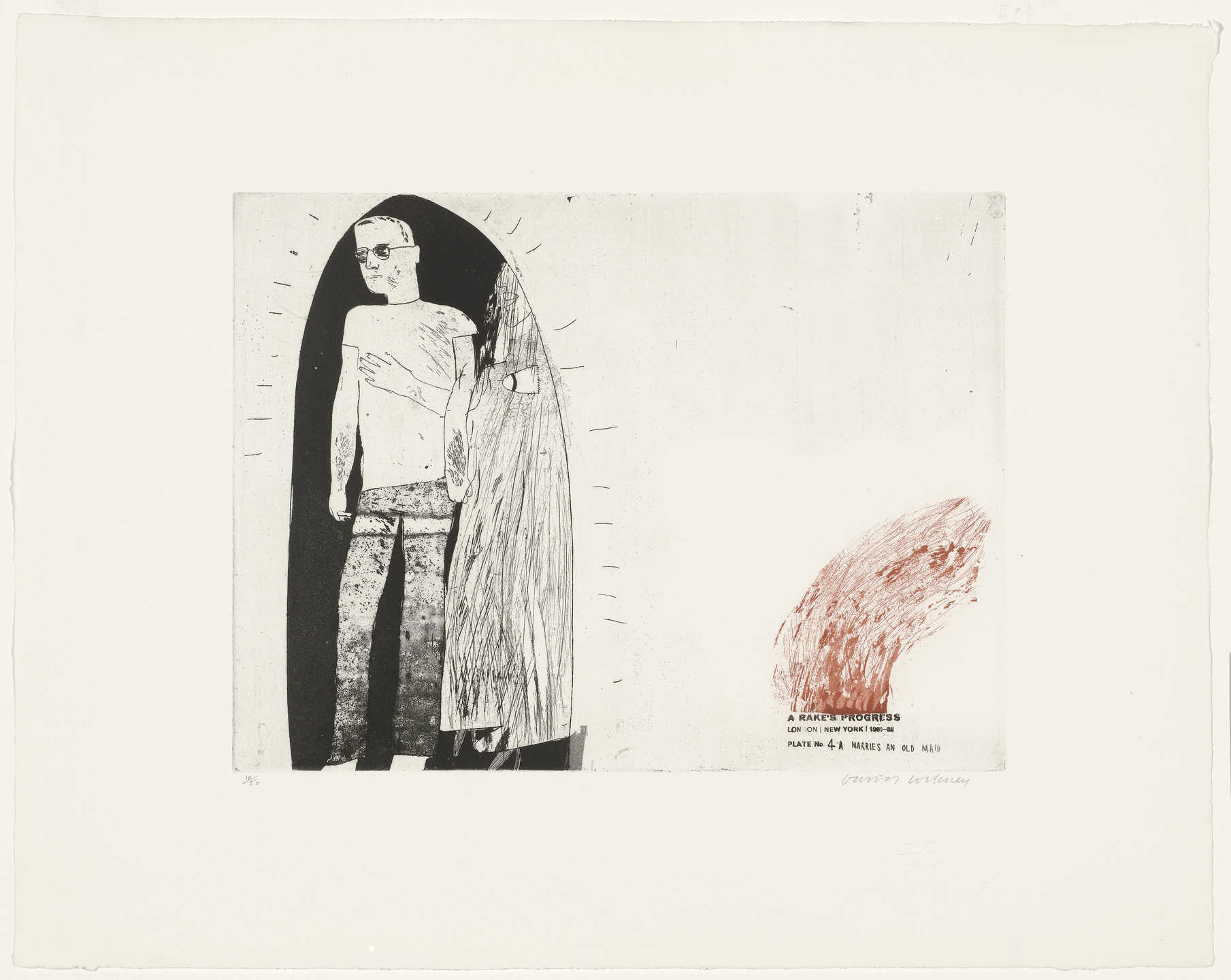 David Hockney. Marries an Old Maid (plate 4a) from A Rake&#39;s Progress. 1961–62, published 1963