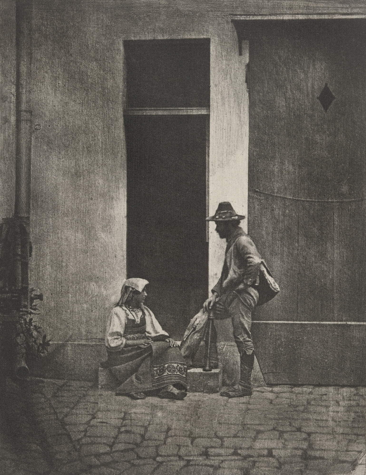 Charles Nègre. Standing Bag Piper and Seated Italiam Peasant Woman, at the Corner of 21 Quai Bourbon