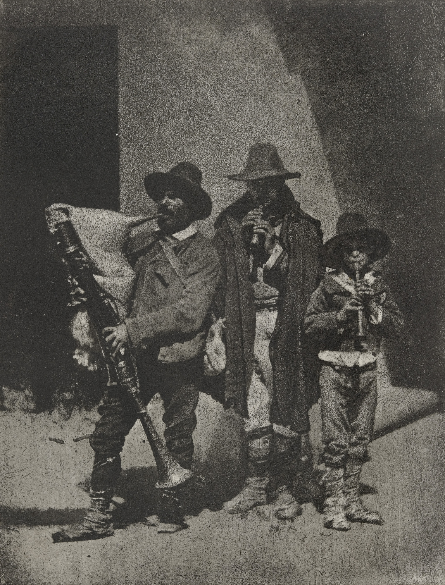 Charles Nègre. Group of Three Bag Pipers Standing on the Corner of 21 Quai Bourbon