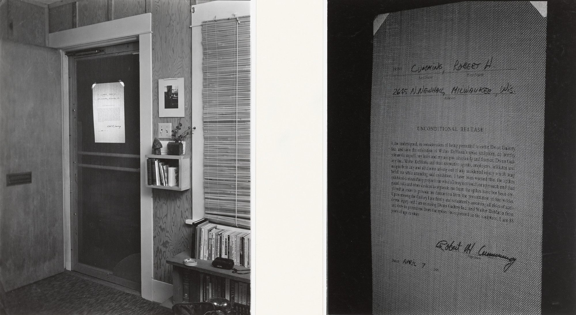 Robert Cumming. Sandra and I Got Home Late Last Night and Thought We Saw a Contract Taped to the Front Door. It Couldn&#39;t Have Been Too Important, Being Only Light and Shadow on the Screen. 1973