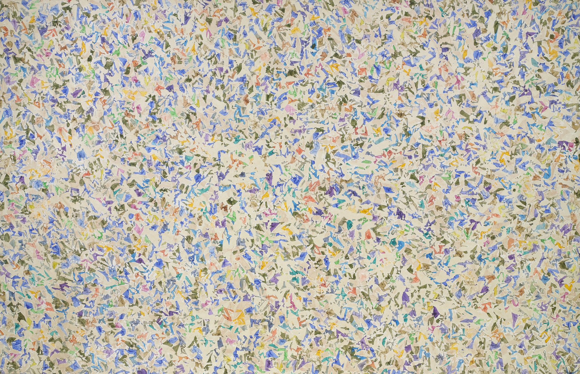 The image is filled with a dense collection of multicolored shapes in blue, green, purple, yellow, pink, and various shades against a beige background. The colors and shapes are scattered and overlapping throughout the entire image. This is an AI generated description. To give feedback, email ai@moma.org.