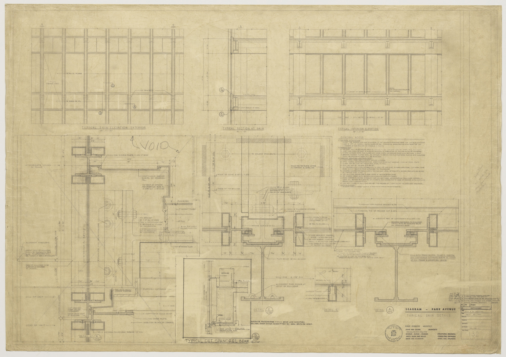 Ludwig Mies van der Rohe, Philip Johnson, Kahn &amp; Jacobs. Seagram Building, New York City, New York, Miscellaneous skin details, sections. 1956