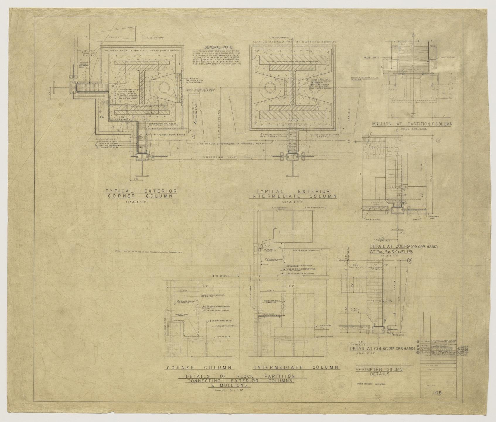 Ludwig Mies van der Rohe, Philip Johnson, Kahn &amp; Jacobs. Seagram Building, New York City, New York, Details of block partition connecting exterior columns and mullions, sections. 1957