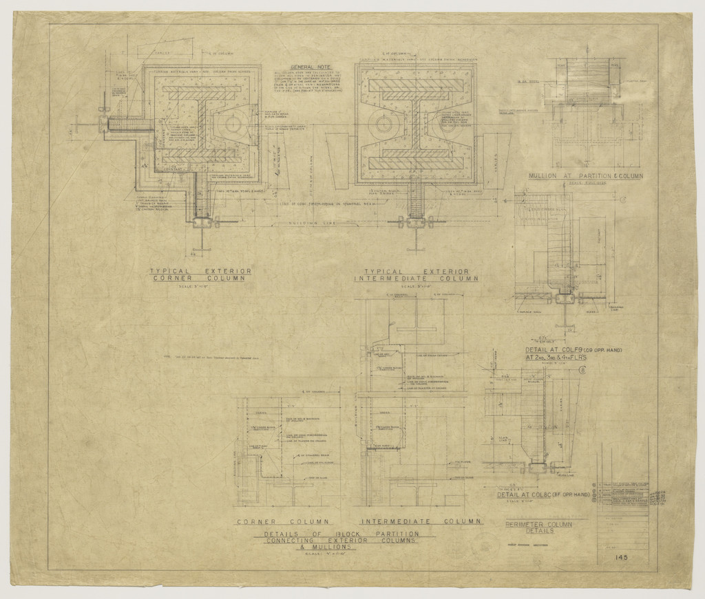 Seagram Building, New York City, New York, Details of block partition connecting exterior columns and mullions, sections