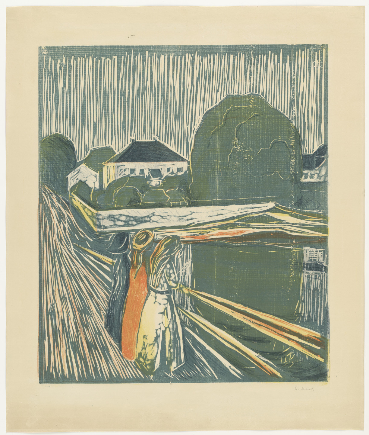 The image depicts a green landscape with a house and trees in the background, and three figures with elongated faces in the foreground on a bridge. The predominant colors are green, white, and orange. This is an AI generated description. To give feedback, email ai@moma.org.