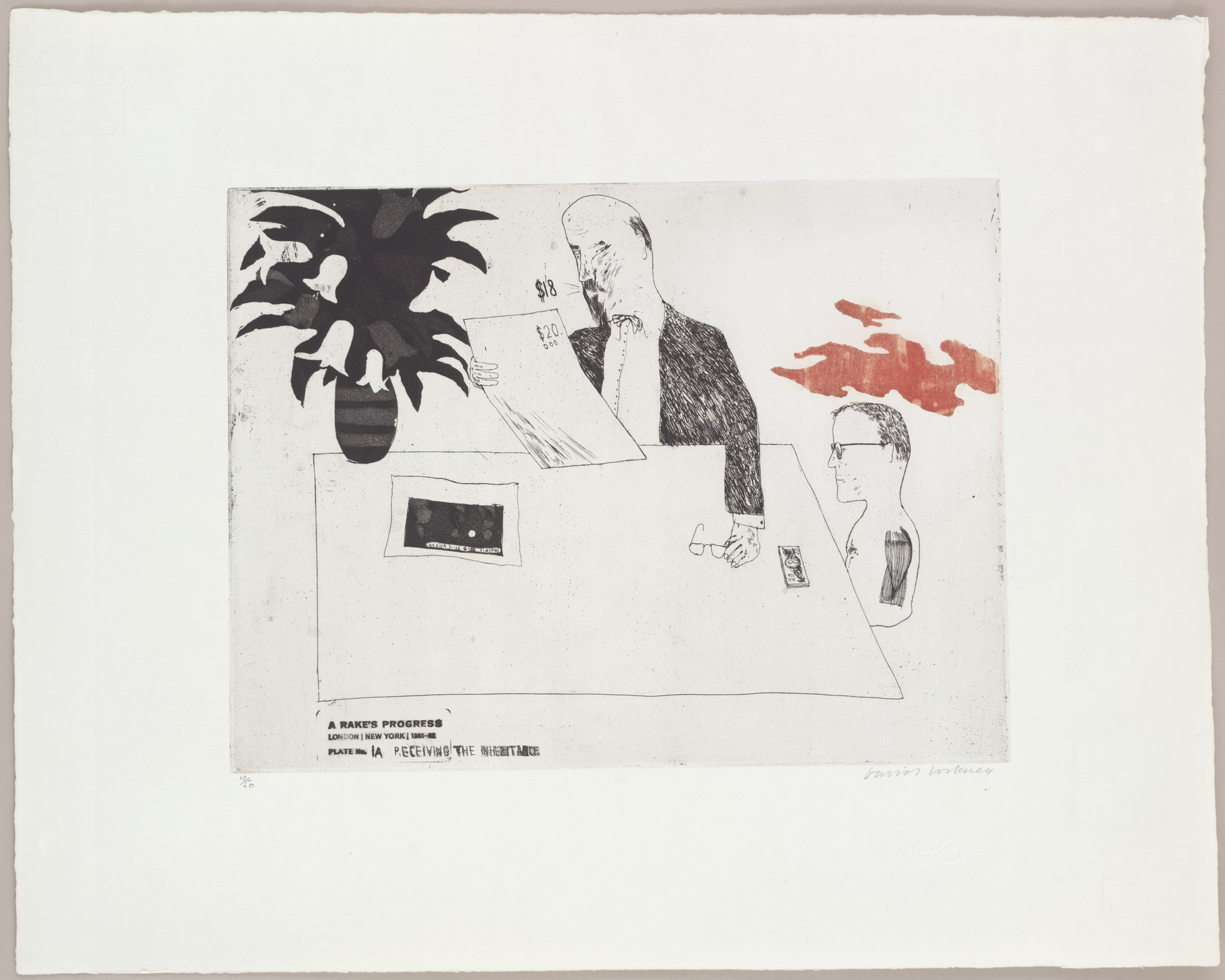 David Hockney. Receiving the Inheritance (plate 1a) from A Rake&#39;s Progress. 1961–62, published 1963