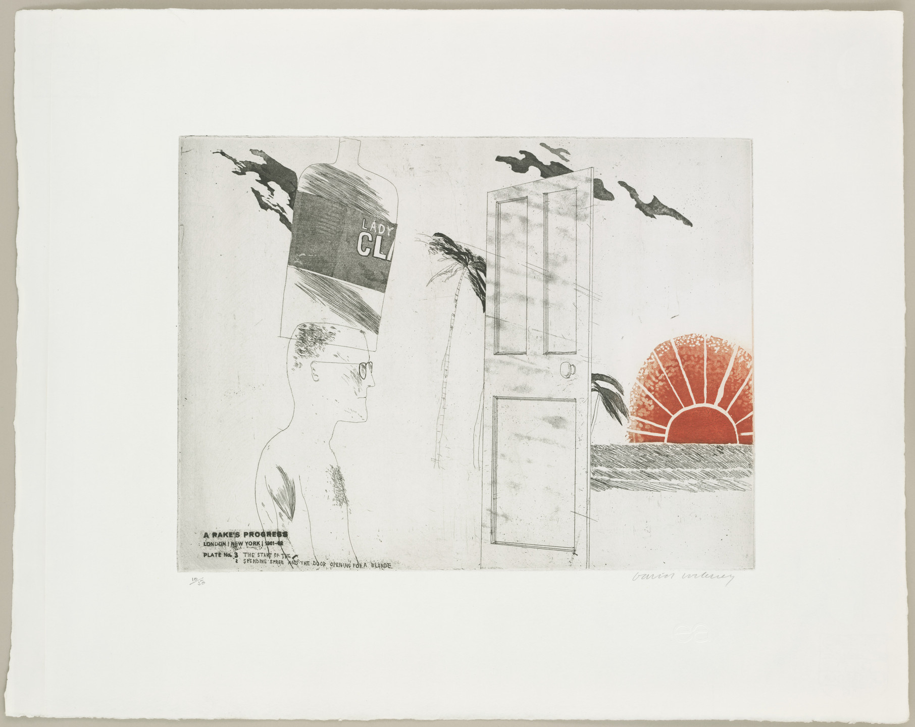 David Hockney. The Start of the Spending Spree and the Door Opening for a Blonde (plate 3) from A Rake&#39;s Progress. 1961–62, published 1963