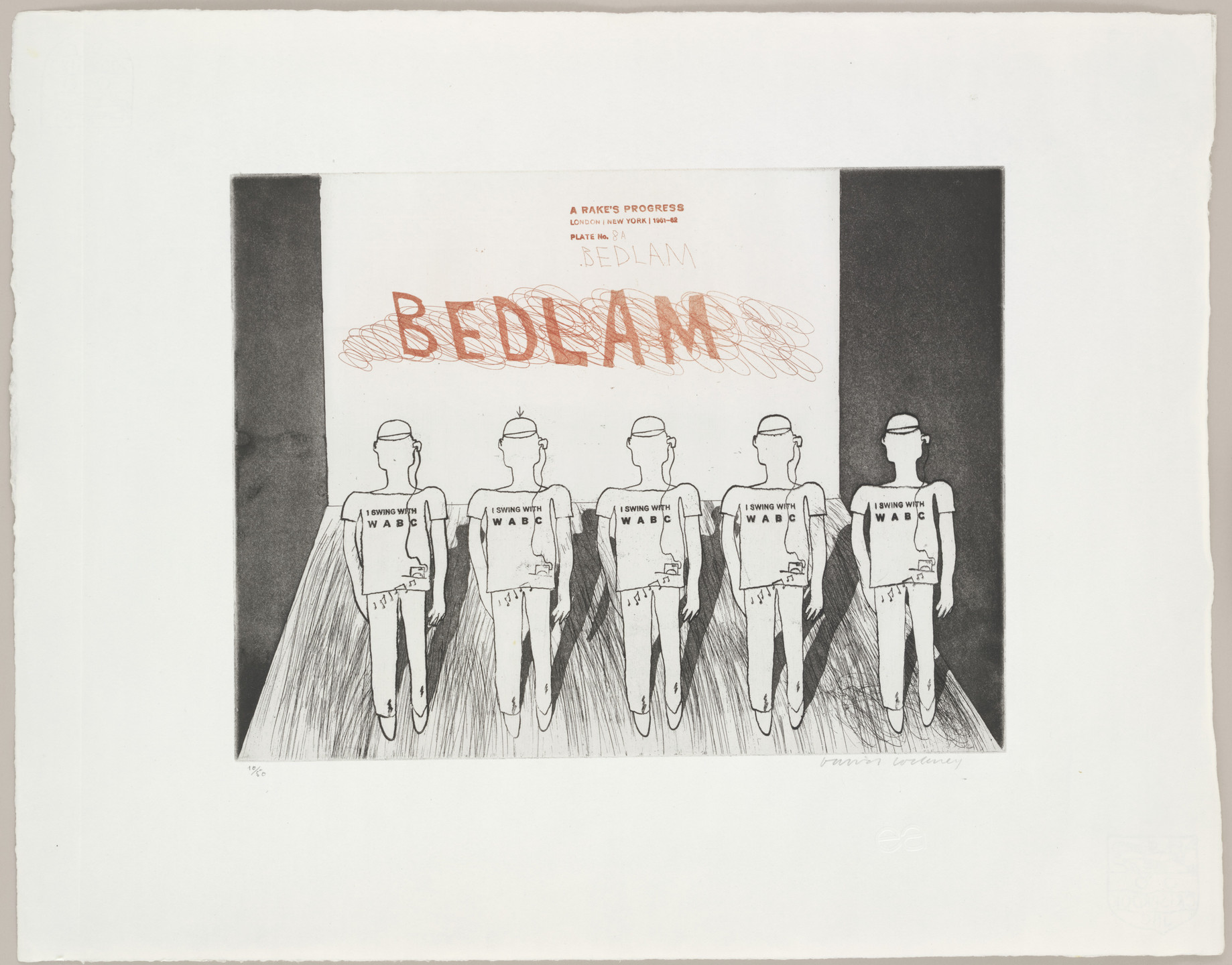 David Hockney. Bedlam (plate 8a) from A Rake&#39;s Progress. 1961–62, published 1963