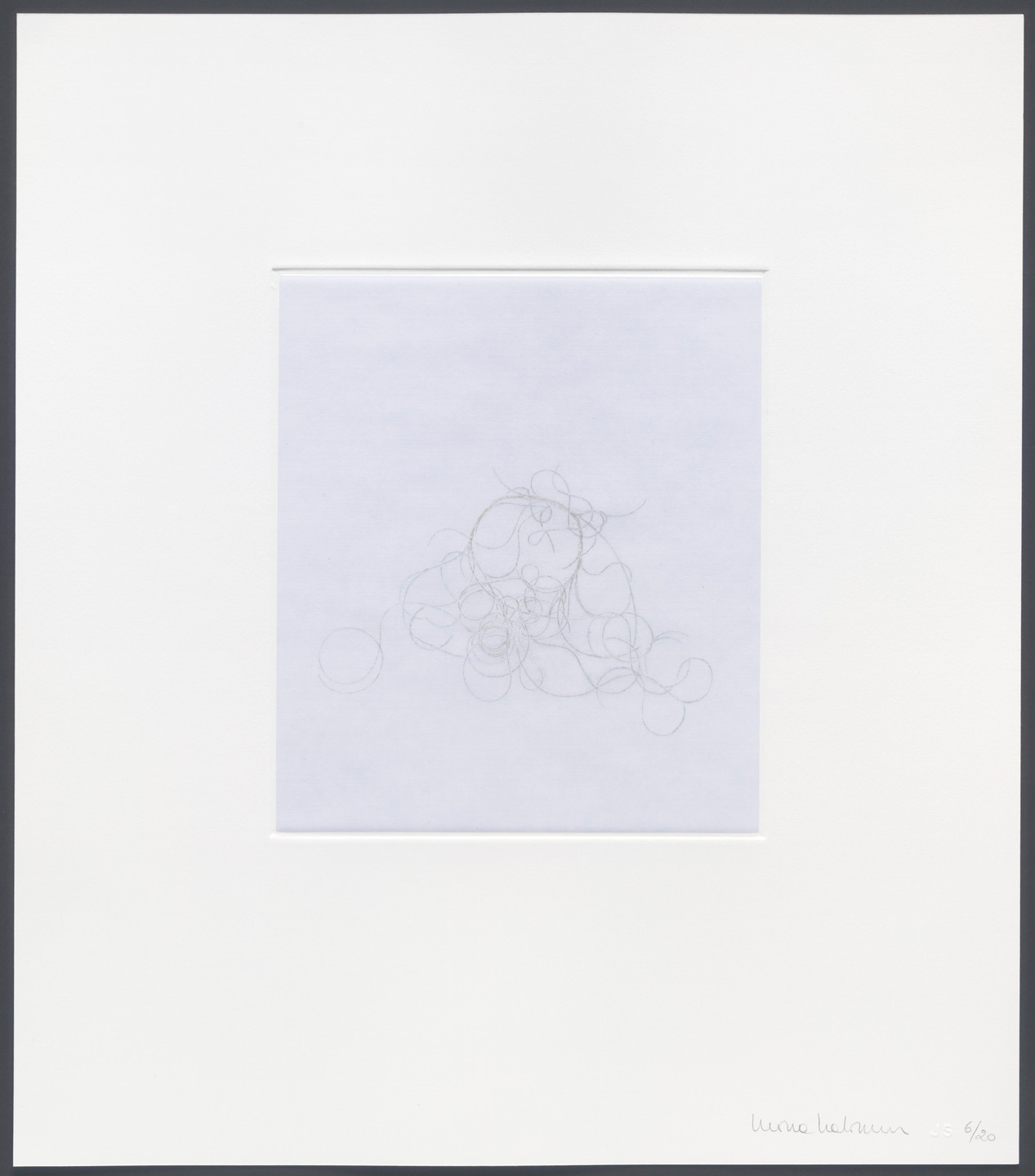 Set against a white background, the central area features a cluster of thin, gray intertwined lines forming intricate loops and swirls. The predominant colors are shades of gray and white. This is an AI generated description. To give feedback, email ai@moma.org.