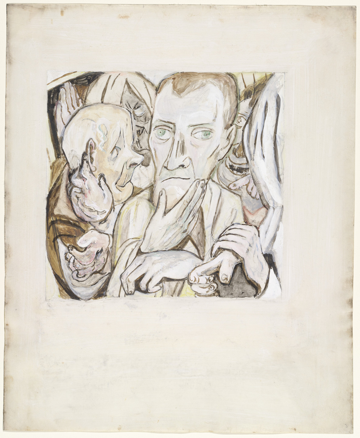 The image shows a group of faces with wide eyes, close together overlapping one another with their promintent hands taking up the foreground. The predominant colors are muted whites, browns, and beige, with some accents of yellow and green. This is an AI generated description. To give feedback, email ai@moma.org.