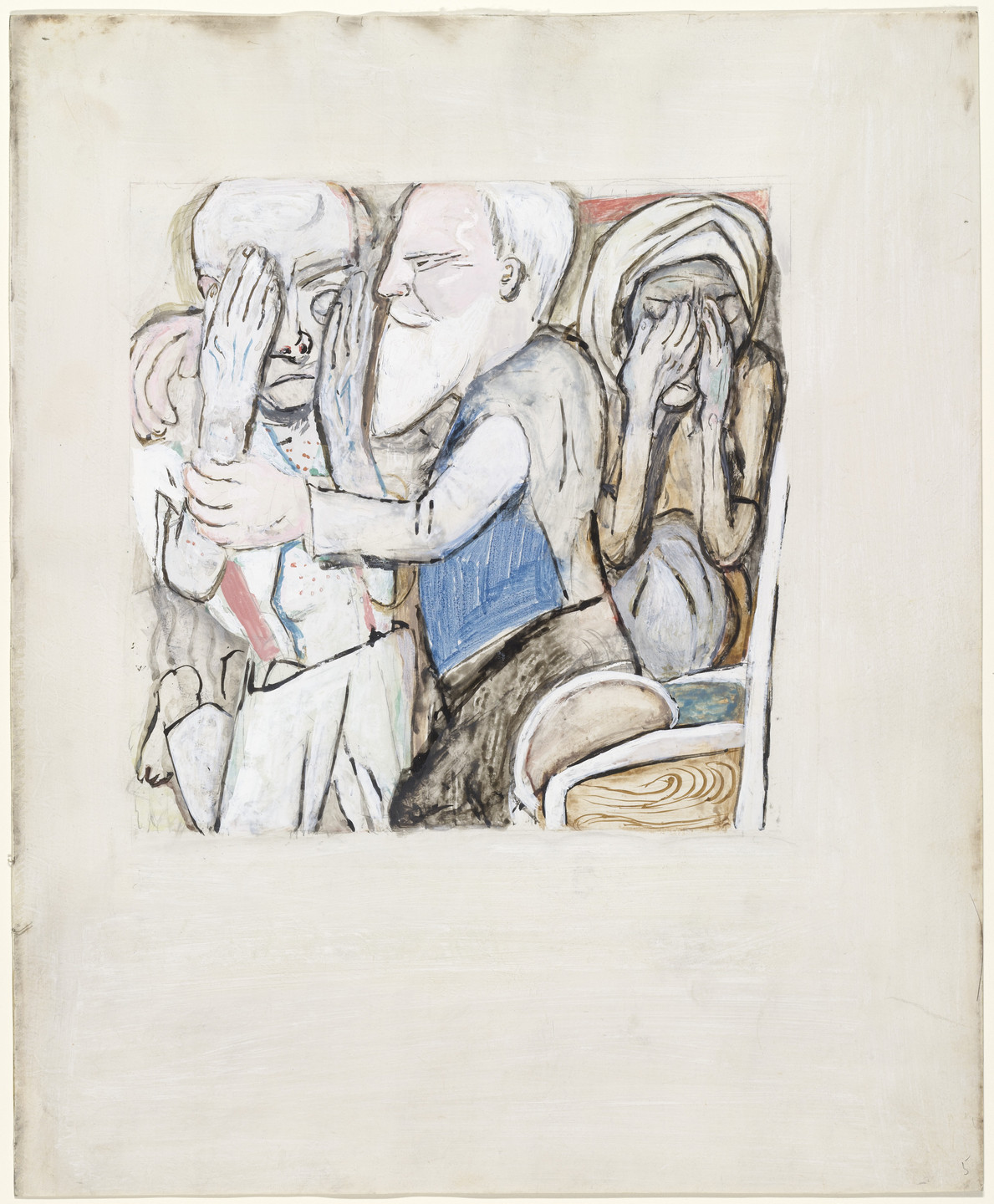 Three figures are shown: a bearded person in blue, a figure covering their face with one hand, and another figure hiding their face with both hands. Neutral tones mask the image with light hints of blue, red, and brown. This is an AI generated description. To give feedback, email ai@moma.org.