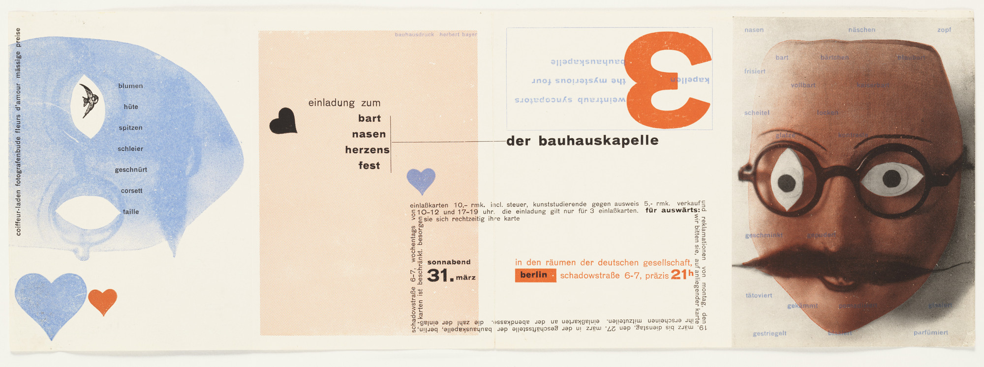 Herbert Bayer. Einladung zum Bart Nasen Herzens Fest, der Bauhauskapelle