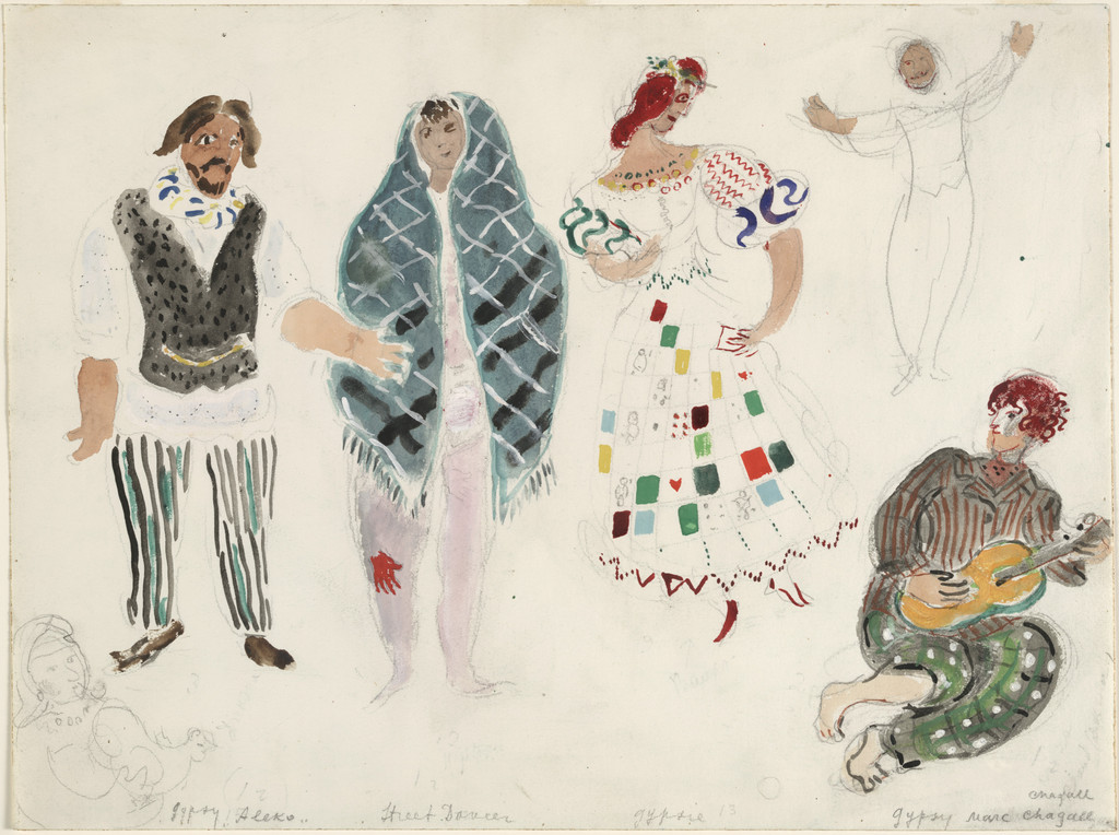 A Street Dancer and Gypsies. Costume design for Scene II of the ballet Aleko