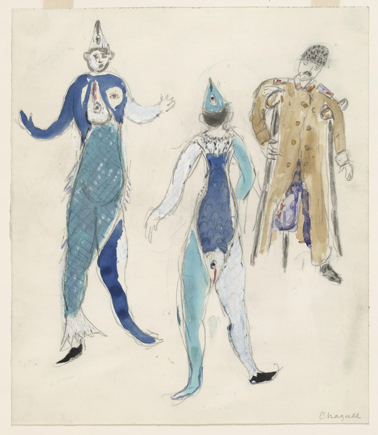 Marc Chagall. Two Fish and a Veteran. Costume design for Scene IV of the ballet Aleko. 1942