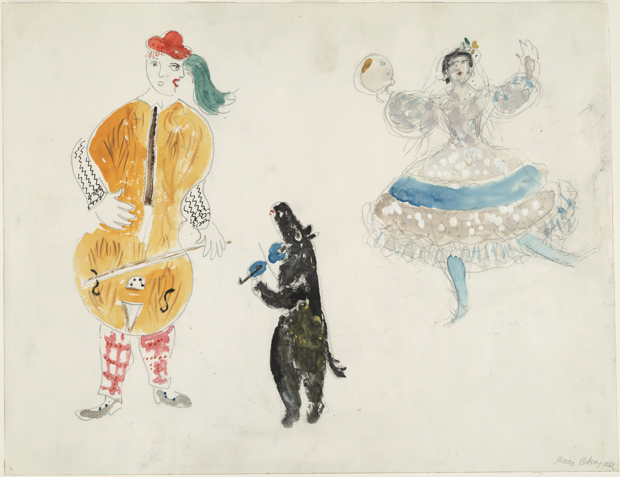 Marc Chagall. A Bandura Player, a Bear and Zemphira. Costume design for Scene II of the ballet  Aleko