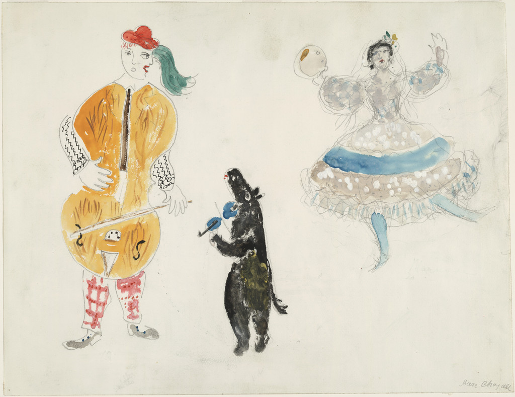 A Bandura Player, a Bear and Zemphira. Costume design for Scene II of the ballet Aleko
