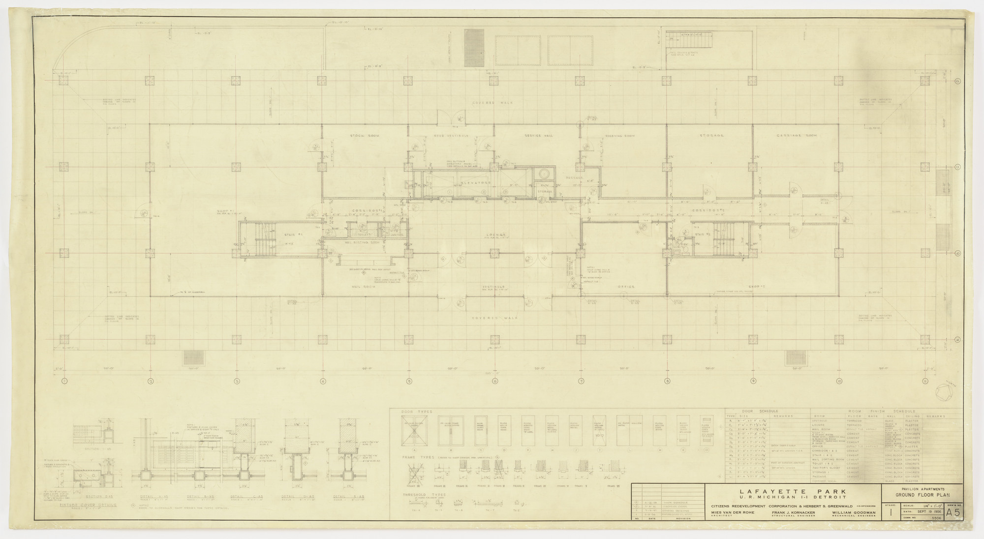 Ludwig Mies van der Rohe. Pavilion Apartments and Town Houses, Lafayette Park, Detroit, MI
Plan, sections