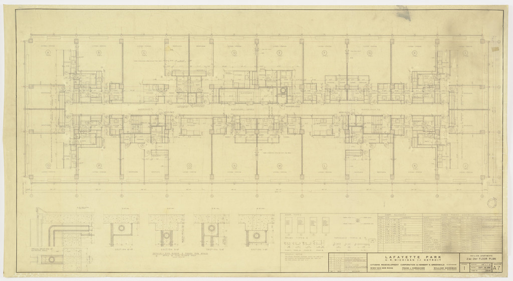 Pavilion Apartments and Town Houses, Lafayette Park, Detroit, MI, Plan, sections (Pavilion apartments. 2nd to 21st floor.)