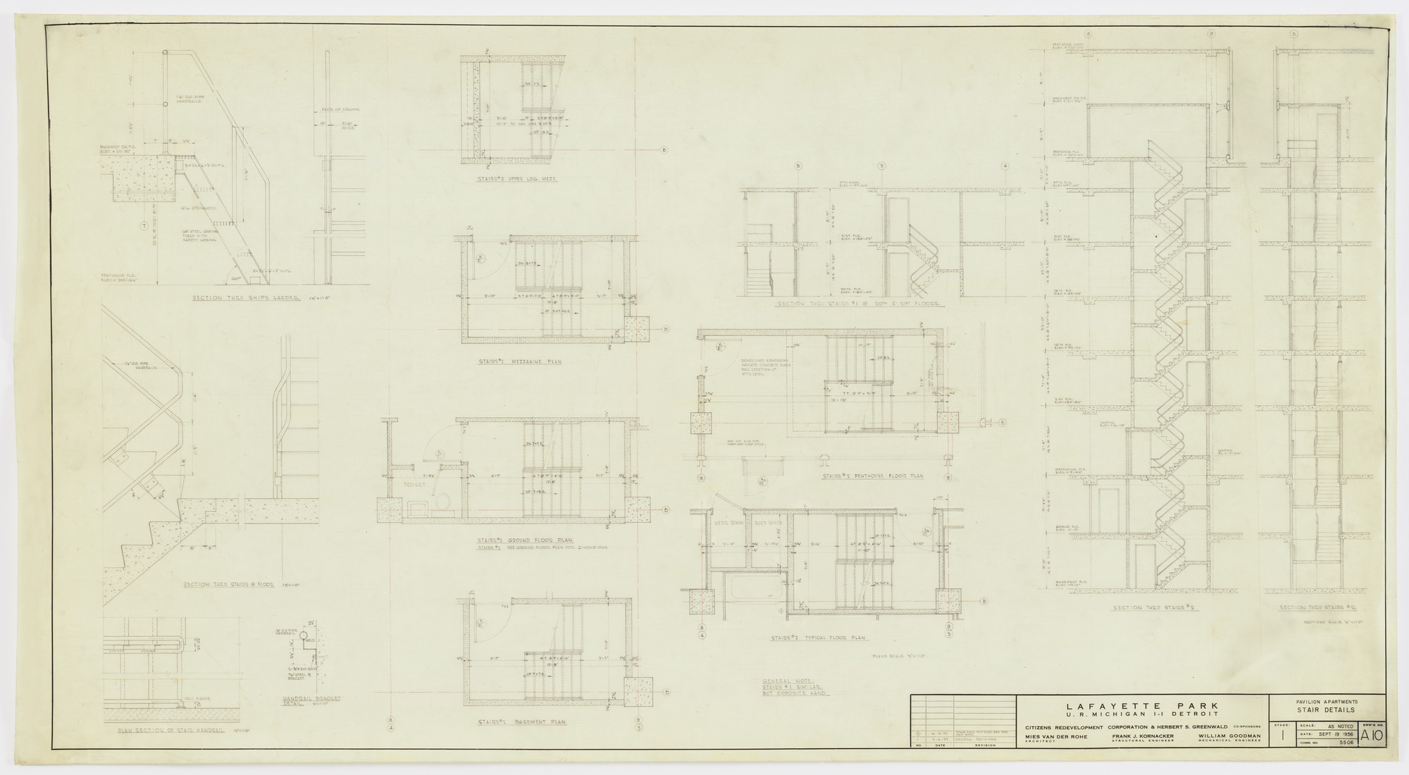 Ludwig Mies van der Rohe. Pavilion Apartments and Town Houses, Lafayette Park, Detroit, MI
Plans, sections