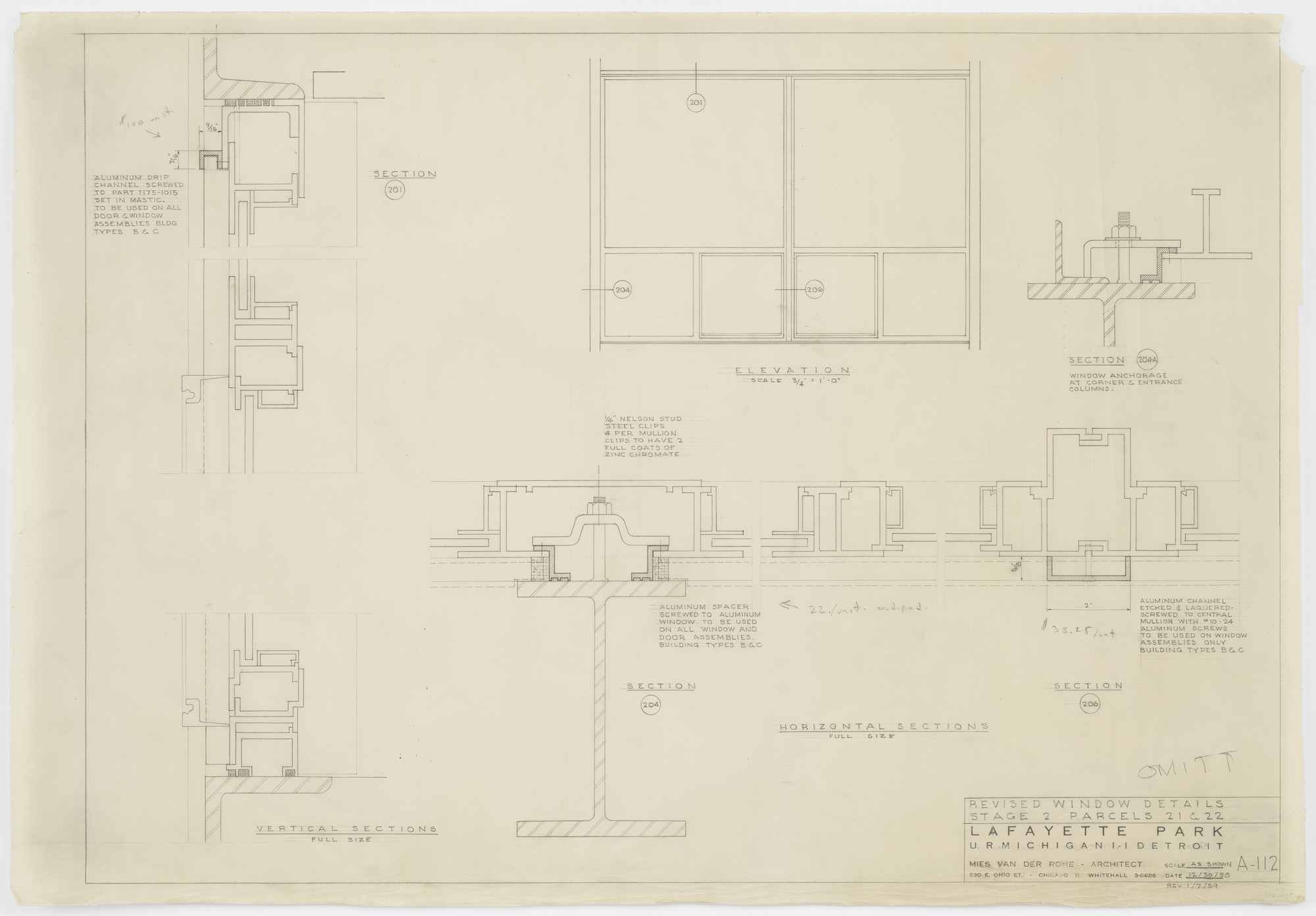 Ludwig Mies van der Rohe. Pavilion Apartments and Town Houses, Lafayette Park, Detroit, MI
Sections, elevation