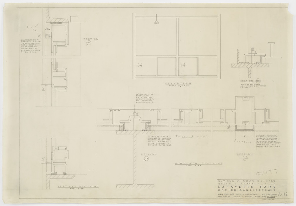 Pavilion Apartments and Town Houses, Lafayette Park, Detroit, MI, Sections, elevation (Revised window details. Stage 2. Parcels 21 and 22.)