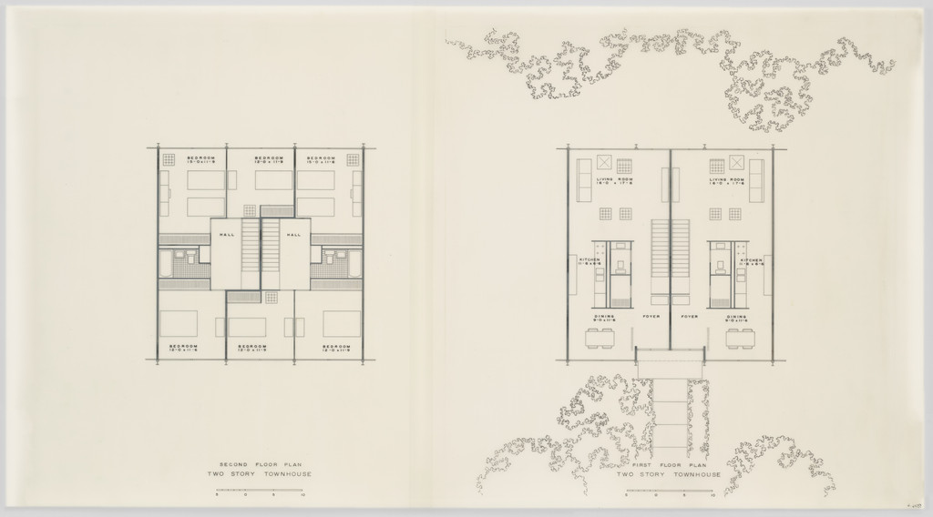 Pavilion Apartments and Town Houses, Lafayette Park, Detroit, MI, Plans (Two-story town houses. Second and first floors.)