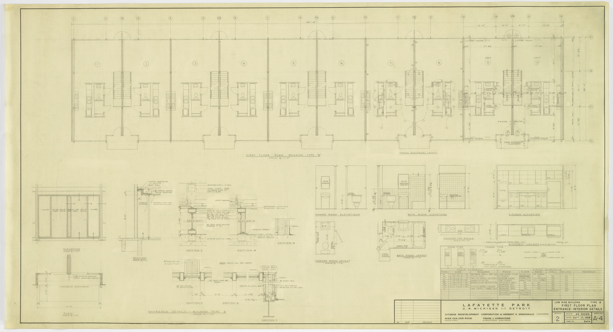 Ludwig Mies van der Rohe. Pavilion Apartments and Town Houses, Lafayette Park, Detroit, MI
Plans, elevations, sections