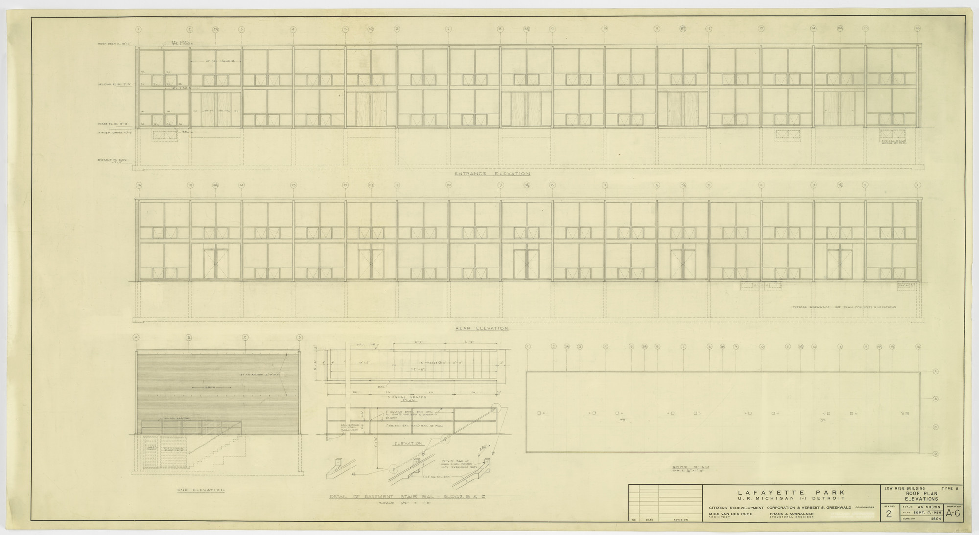 Ludwig Mies van der Rohe. Pavilion Apartments and Town Houses, Lafayette Park, Detroit, MI
Plan, elevations