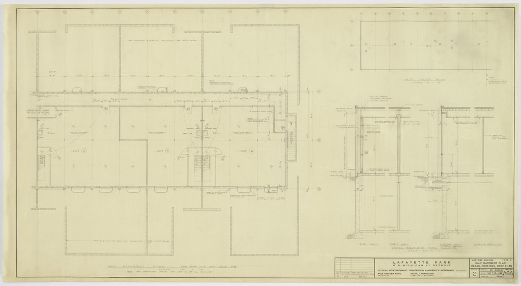 Pavilion Apartments and Town Houses, Lafayette Park, Detroit, MI, Plan, sections (Low-rise building. Type C. Half basement plan. Detail.)