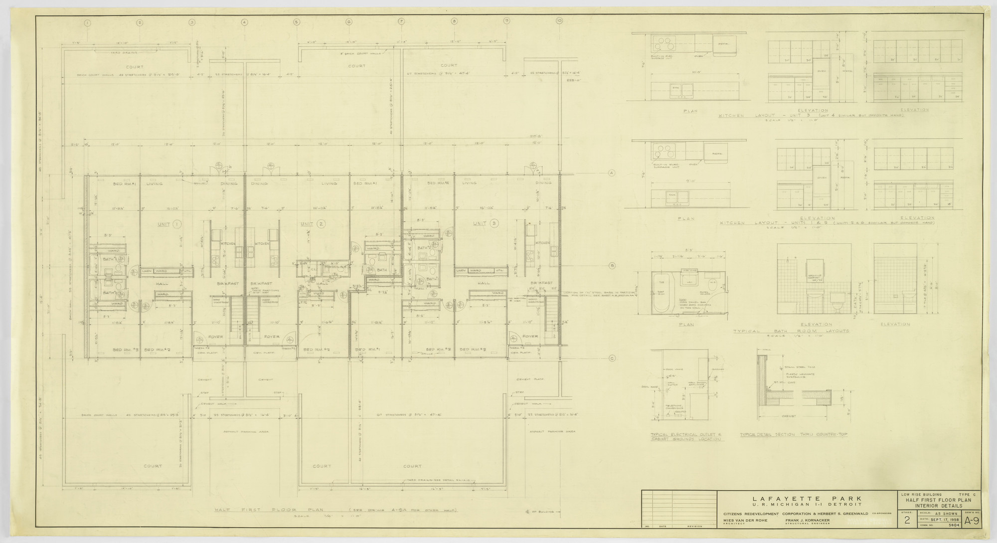 Ludwig Mies van der Rohe. Pavilion Apartments and Town Houses, Lafayette Park, Detroit, MI
Plans, elevations, sections