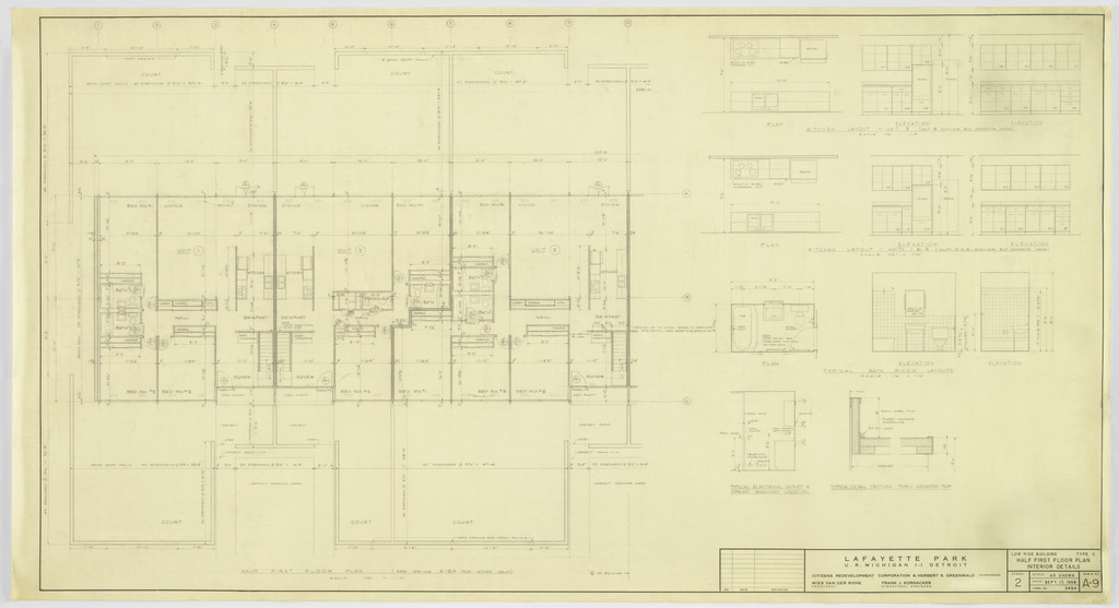Pavilion Apartments and Town Houses, Lafayette Park, Detroit, MI, Plans, elevations, sections (Low-rise building. Type C. Half first-floor plan. Interior details.)