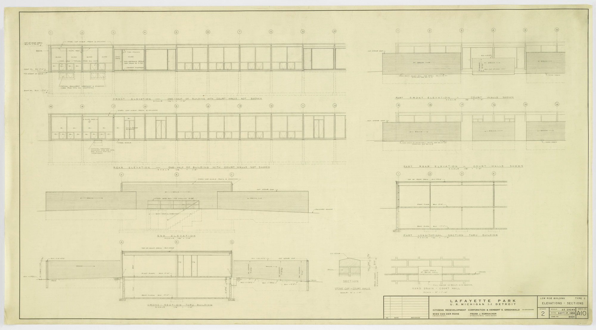 Ludwig Mies van der Rohe. Pavilion Apartments and Town Houses, Lafayette Park, Detroit, MI
Elevations, sections
