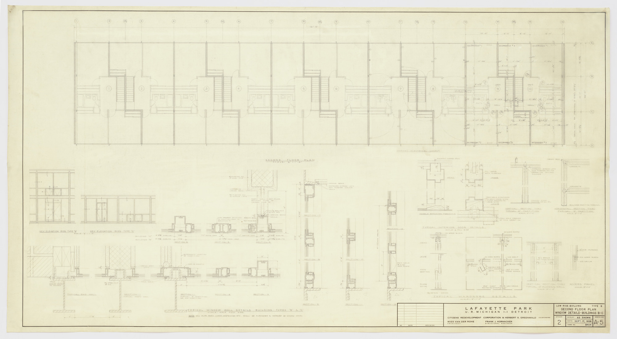 Ludwig Mies van der Rohe. Pavilion Apartments and Town Houses, Lafayette Park, Detroit, MI
Elevations, sections
