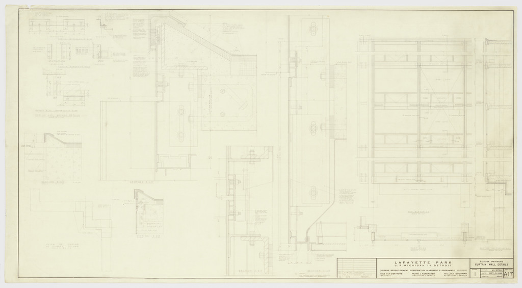 Pavilion Apartments and Town Houses, Lafayette Park, Detroit, MI, Elevations, sections (Pavilion apartments. Curtain wall. Details.)