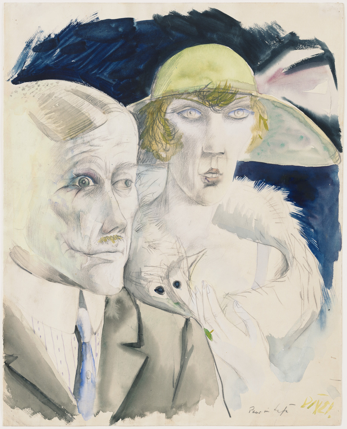 The watercolor and pencil drawing shows two pale-faced figures with exaggerated features and intense wide eyes. They are against a dark blue and white background. The woman, at right, wears a yellow-green hat and a fur stole. The man, at left, wears a suit. This is an AI generated description. To give feedback, email ai@moma.org.