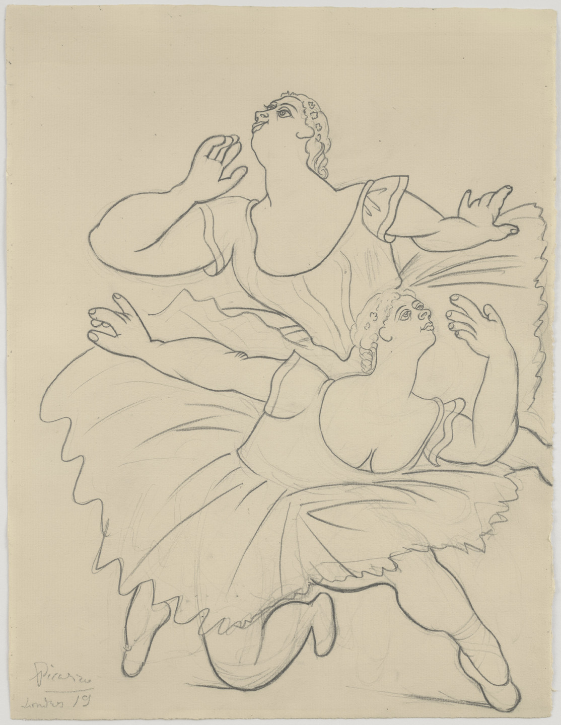 The pencil drawing features two dancers with their hands framing their upturned faces. They wear letotards and tutus and appear to be curtsying. The background is off white with black outlines defining the figures. This is an AI generated description. To give feedback, email ai@moma.org.