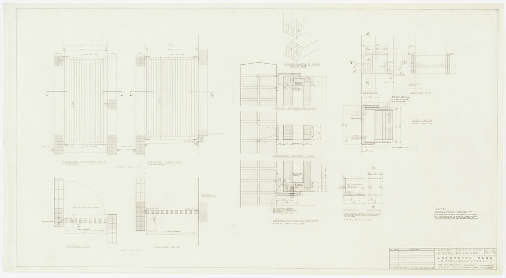 Pavilion Apartments and Town Houses, Lafayette Park, Detroit, MI, Elevations, sections, and isometric views