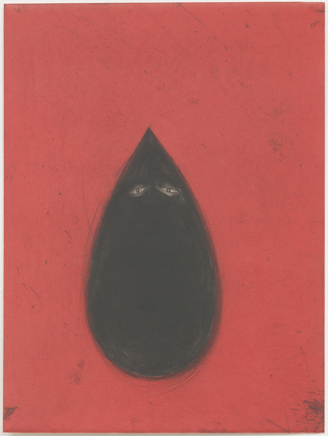 The image features a teardrop-shaped, black figure with two eyes near the top against a solid red background. The black figure is centered and contrasts starkly with the red, which has slight texture variations. This is an AI generated description. To give feedback, email ai@moma.org.