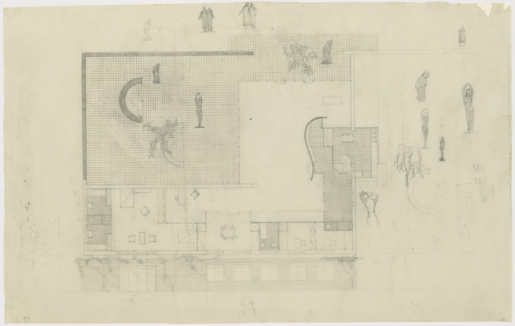 Ulrich Lange House Project II, Krefeld, Germany, Plan with furniture layout, sculpture sketches, and elevation
